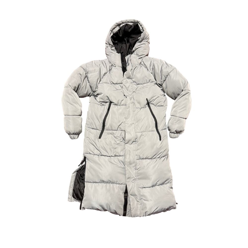 Bershka Women’s Silver Gray Longline Hooded Puffer Coat XS Side Zip